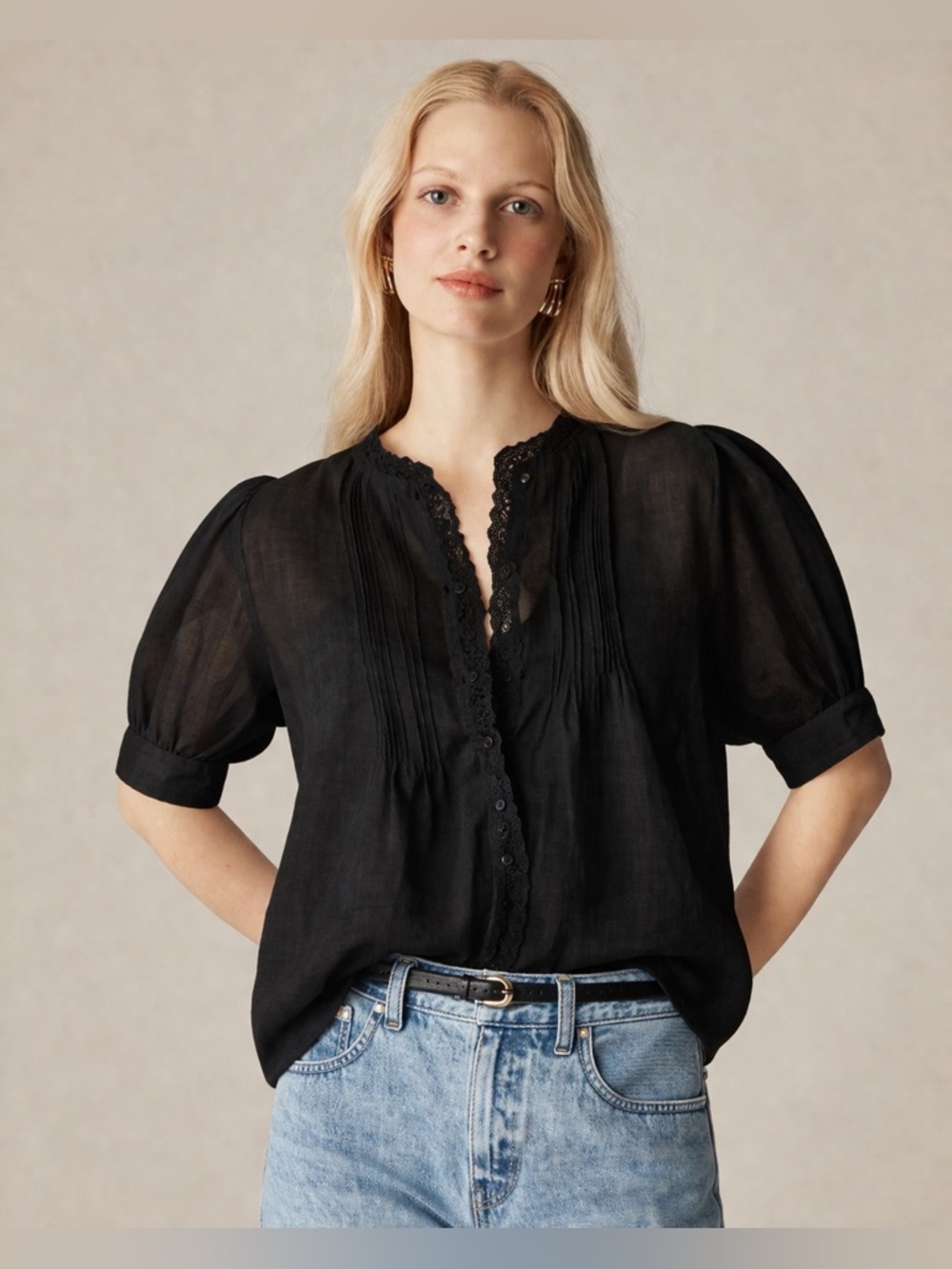 J.Crew Lace-trim pintuck top in ramie in black